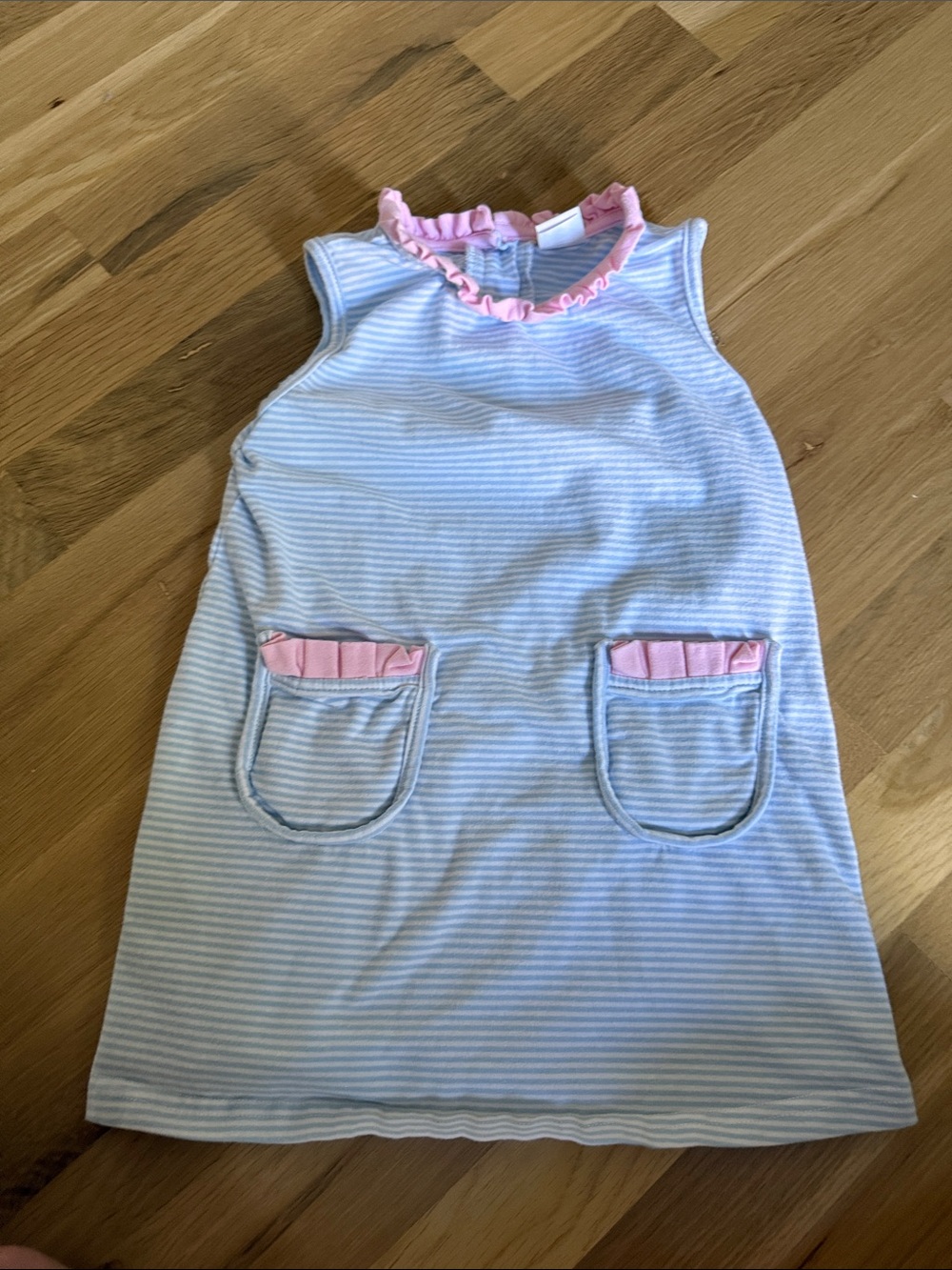 Girls Blue & Pink Striped Sleeveless Pajama Nightgown with Ruffle Trim
